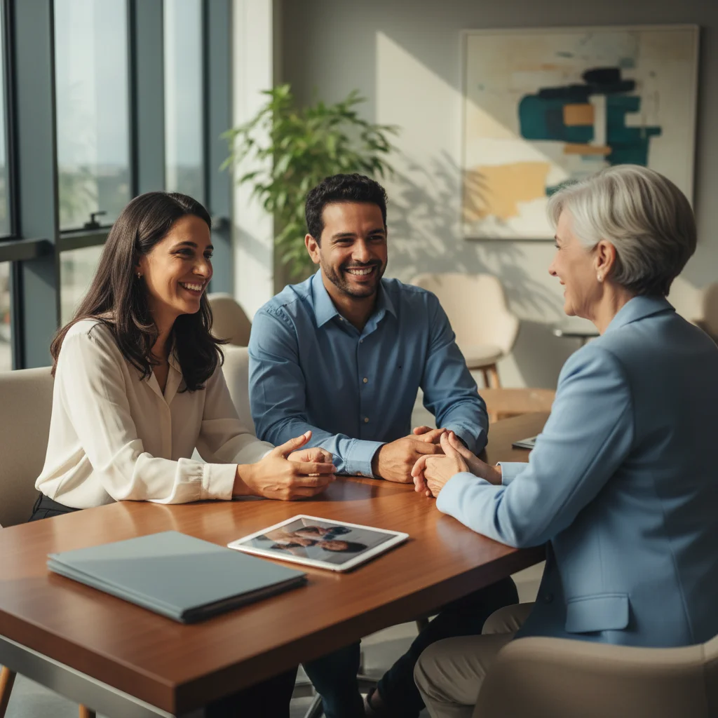 Família brasileira conversando com profissional de cuidados para idosos