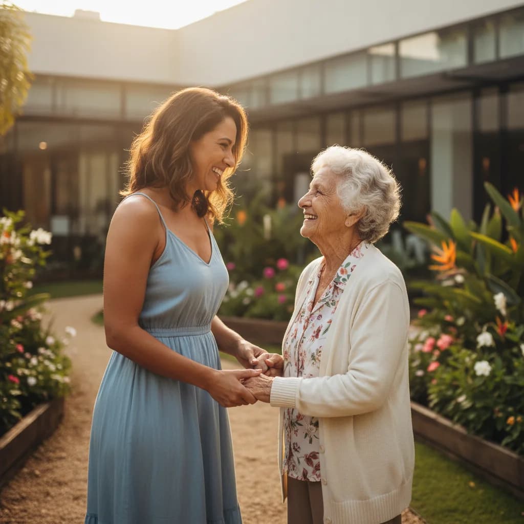 Filha brasileira segurando as mãos da mãe idosa em jardim de casa de repouso